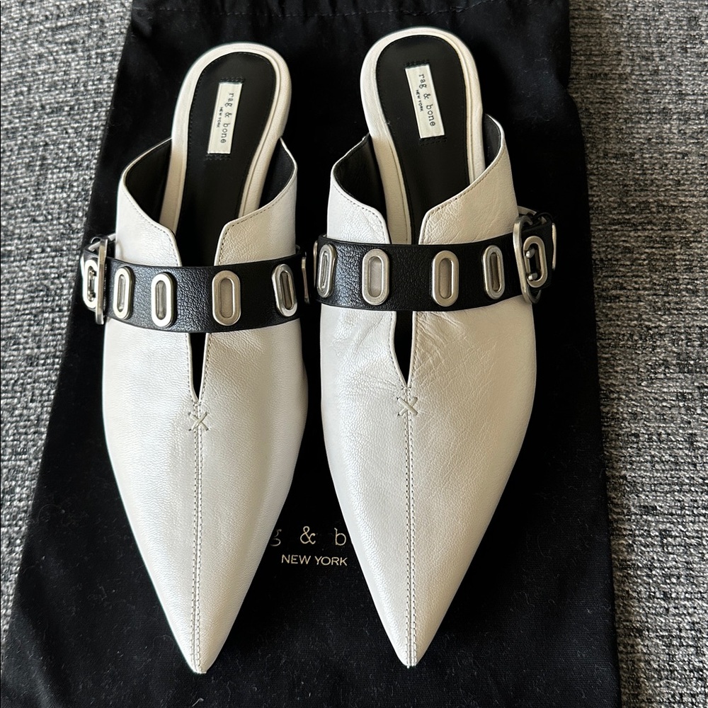 rag & bone White Leather Pointed Mule with Black Buckle Strap